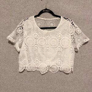 Y2k- Elegant White Crochet Lace crop Top- sheer back